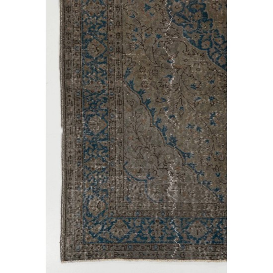 Vintage Handmade Turkish Wool Area Rug in Brown and Blue, Great for Modern Interiors