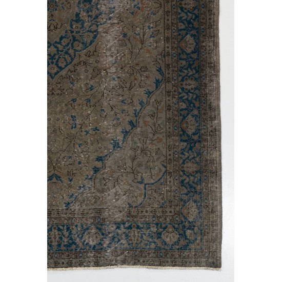 Vintage Handmade Turkish Wool Area Rug in Brown and Blue, Great for Modern Interiors