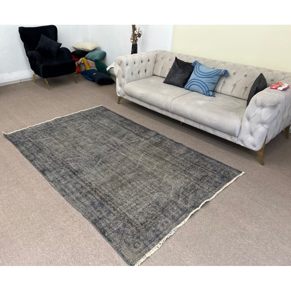 Gray Color Overdyed Handmade Vintage Turkish Rug