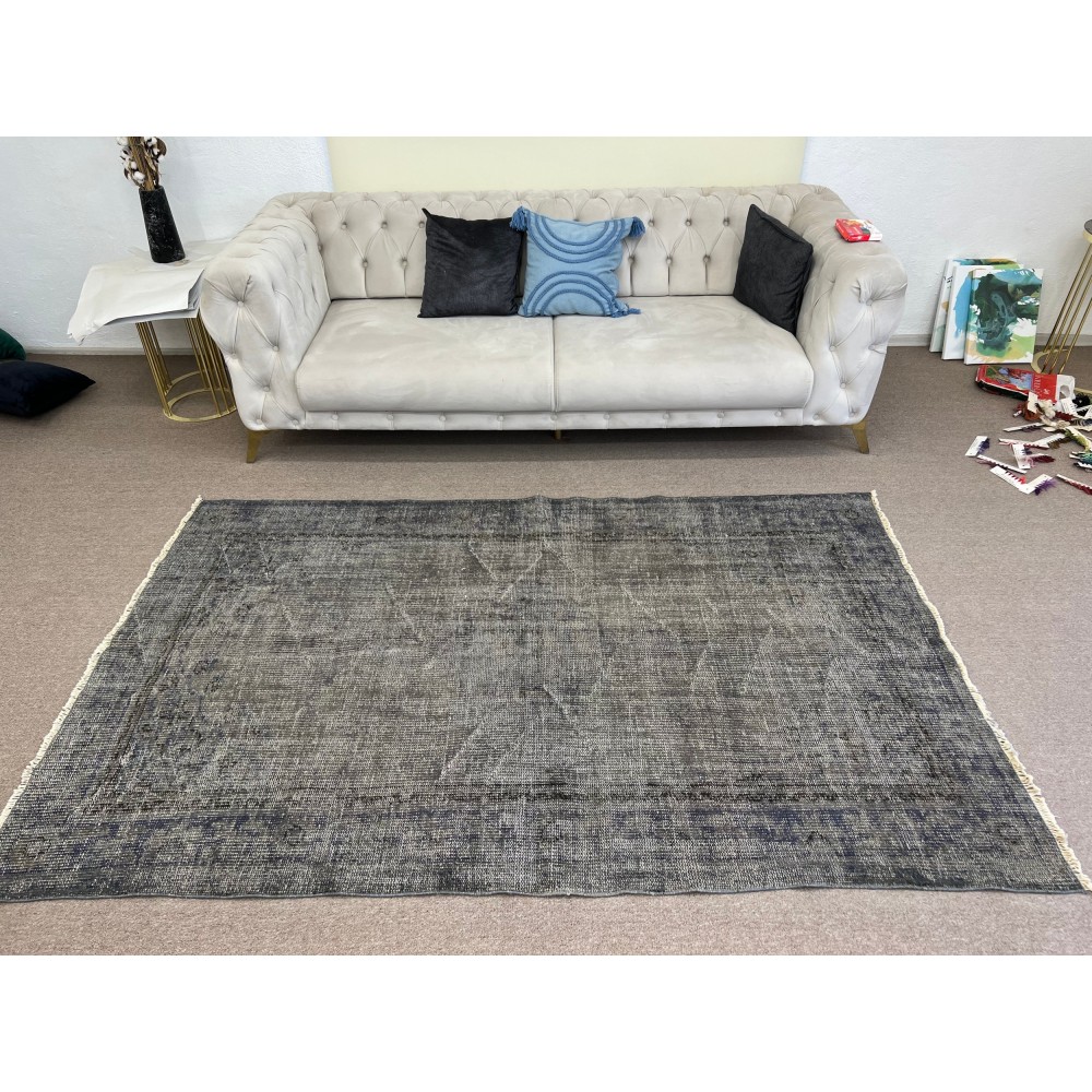 Gray Color Overdyed Handmade Vintage Turkish Rug