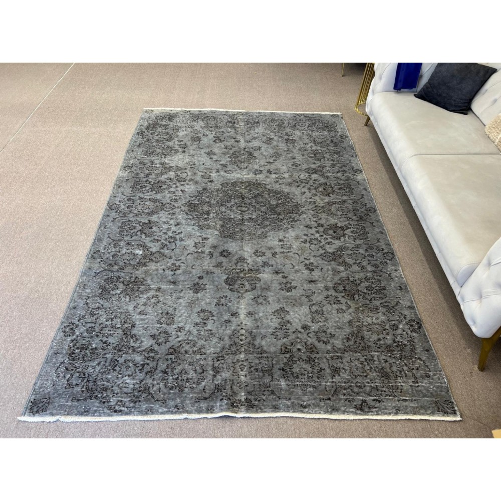 Upcycled Handmade Turkish Area Rug. Modern Gray Overdyed Wool Carpet