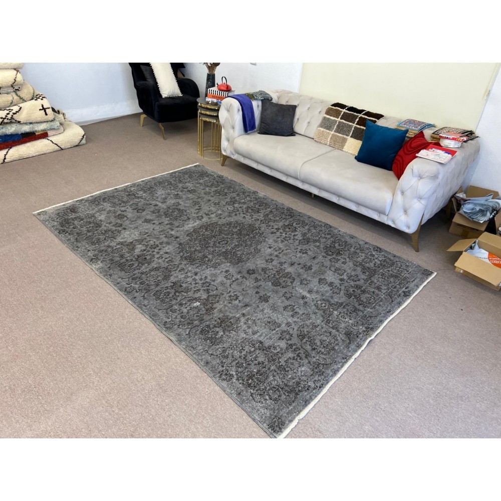 Upcycled Handmade Turkish Area Rug. Modern Gray Overdyed Wool Carpet