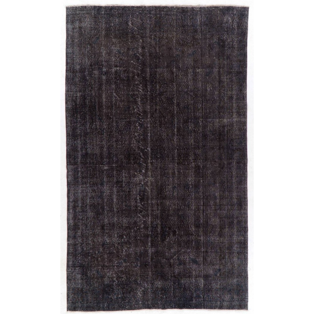 Distressed Upcycled Handmade Turkish Area Rug Over-Dyed in Black Color