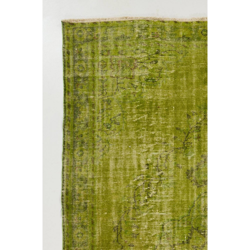 Distressed Vintage Handmade Turkish Rug Over-dyed in Green Color. Woolen Floor Covering