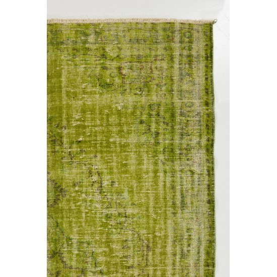 Distressed Vintage Handmade Turkish Rug Over-dyed in Green Color. Woolen Floor Covering