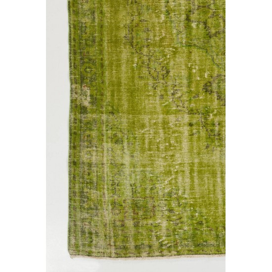 Distressed Vintage Handmade Turkish Rug Over-dyed in Green Color. Woolen Floor Covering