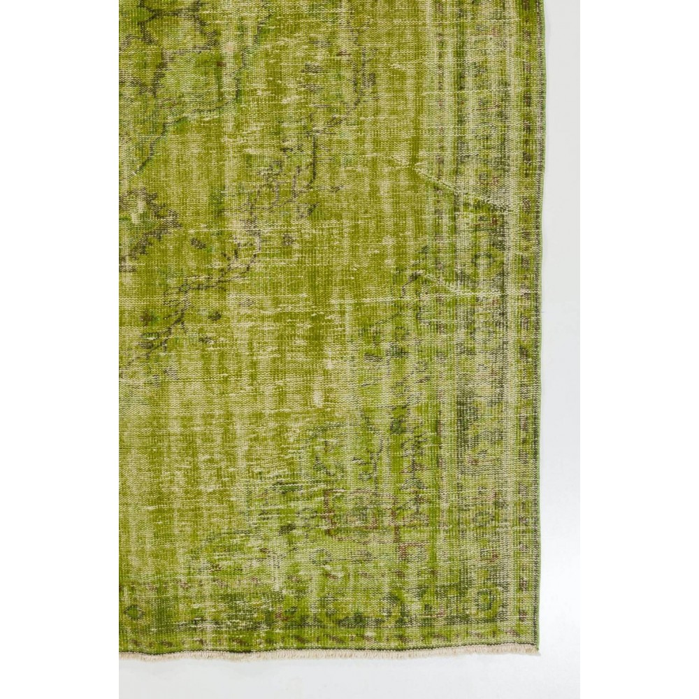 Distressed Vintage Handmade Turkish Rug Over-dyed in Green Color. Woolen Floor Covering