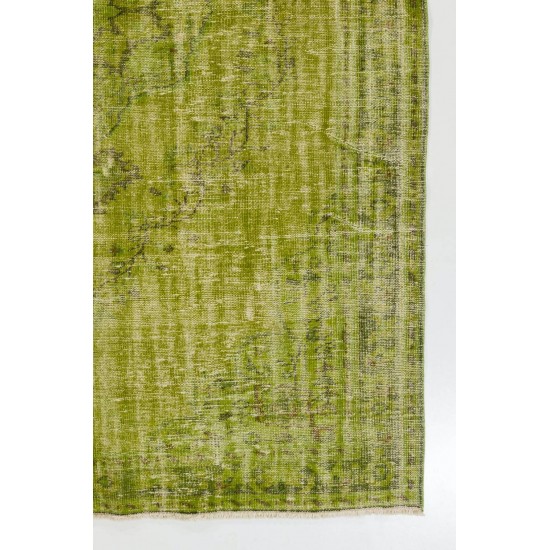 Distressed Vintage Handmade Turkish Rug Over-dyed in Green Color. Woolen Floor Covering