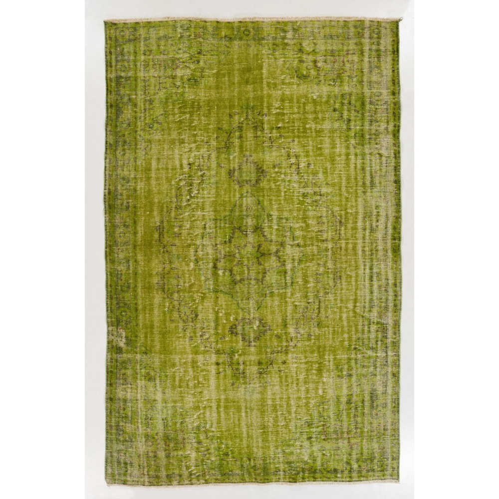 Distressed Vintage Handmade Turkish Rug Over-dyed in Green Color. Woolen Floor Covering