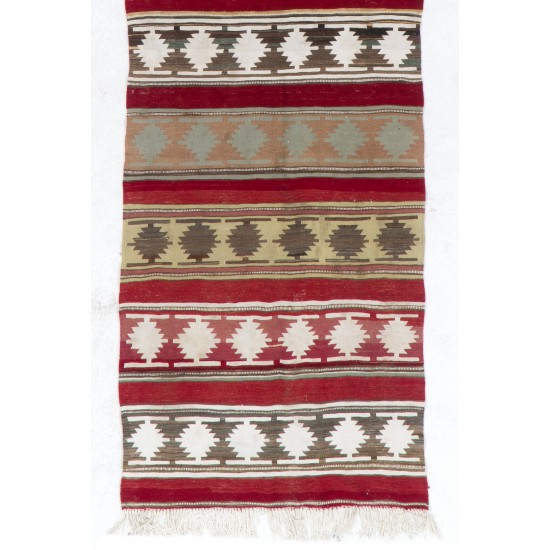 Hand-woven Vintage Anatolian Runner Kilim (Flat-weave) with Geometric Design