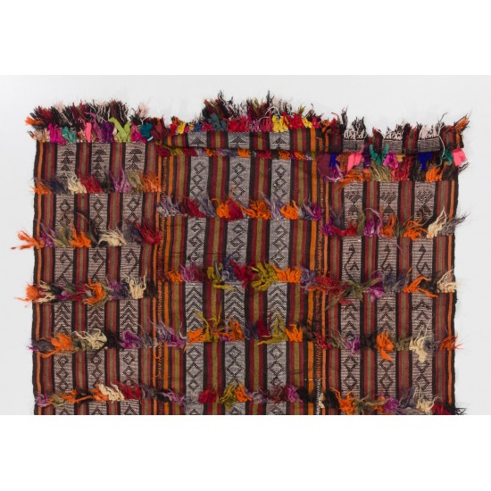 Banded Tribal Vintage Turkish Kilim (Flat-weave) with Wool-Cotton Poms