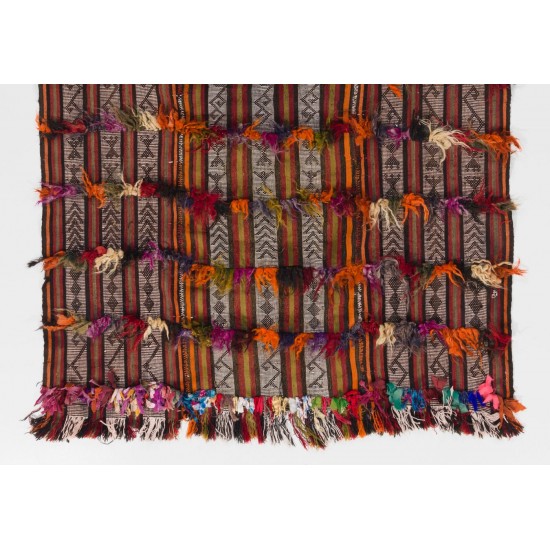 Banded Tribal Vintage Turkish Kilim (Flat-weave) with Wool-Cotton Poms