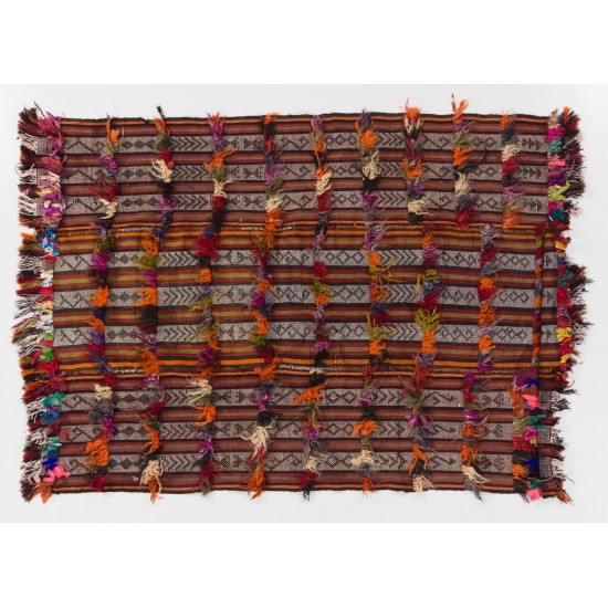 Banded Tribal Vintage Turkish Kilim (Flat-weave) with Wool-Cotton Poms