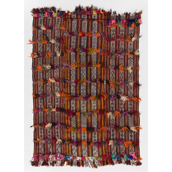 Banded Tribal Vintage Turkish Kilim (Flat-weave) with Wool-Cotton Poms