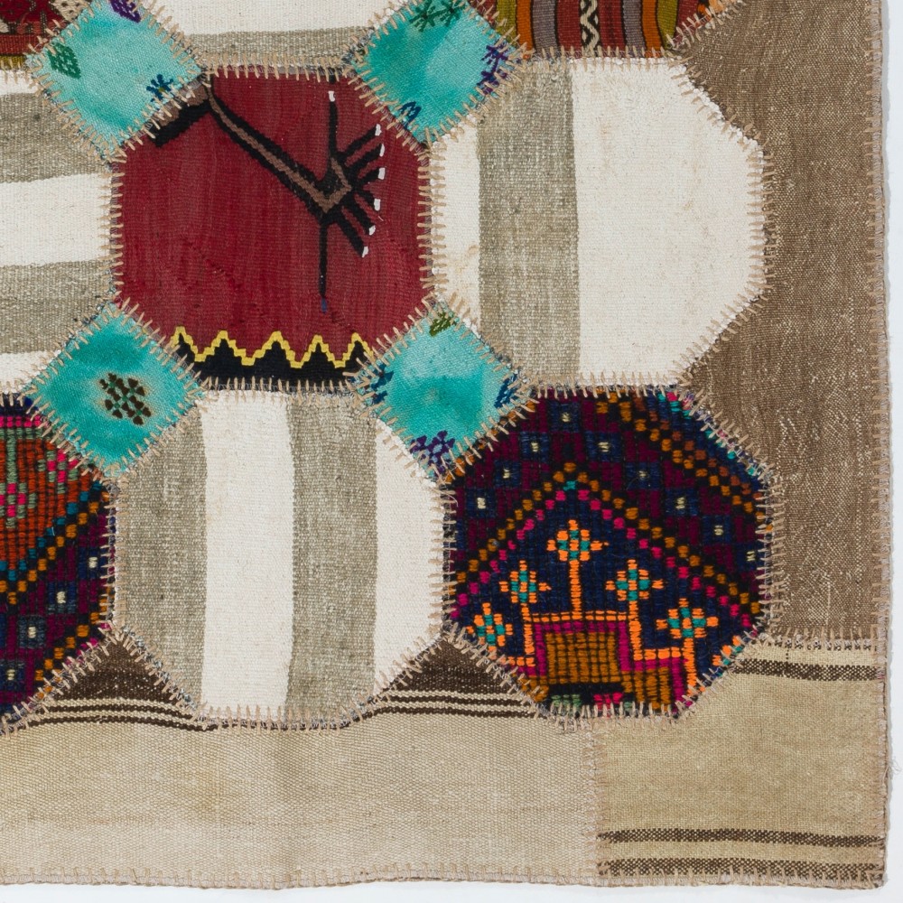 Vintage Anatolian Patchwork Kilim, Handmade Hexagon Design Flatweave Rug