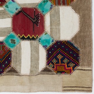 Vintage Anatolian Patchwork Kilim, Handmade Hexagon Design Flatweave Rug