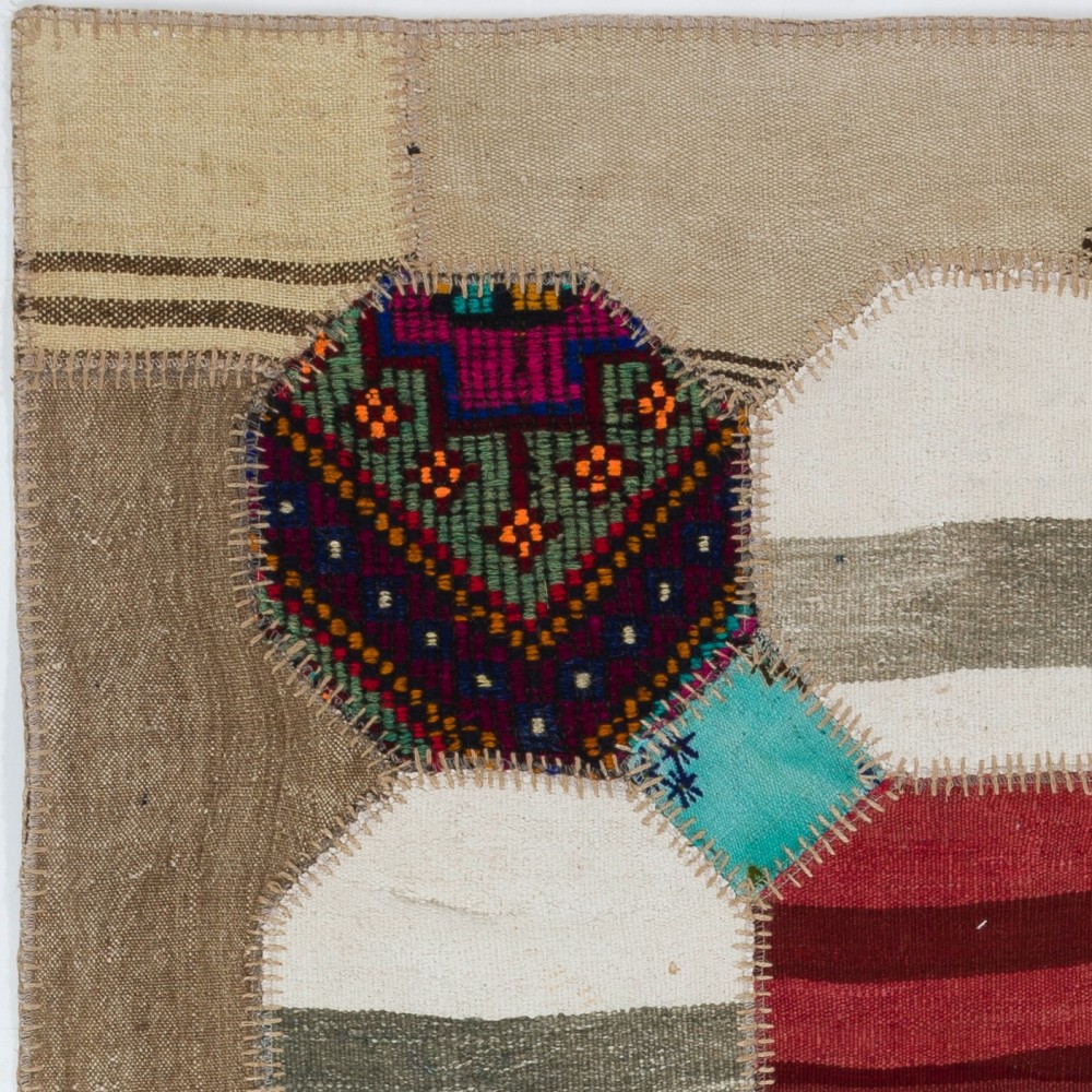 Vintage Anatolian Patchwork Kilim, Handmade Hexagon Design Flatweave Rug
