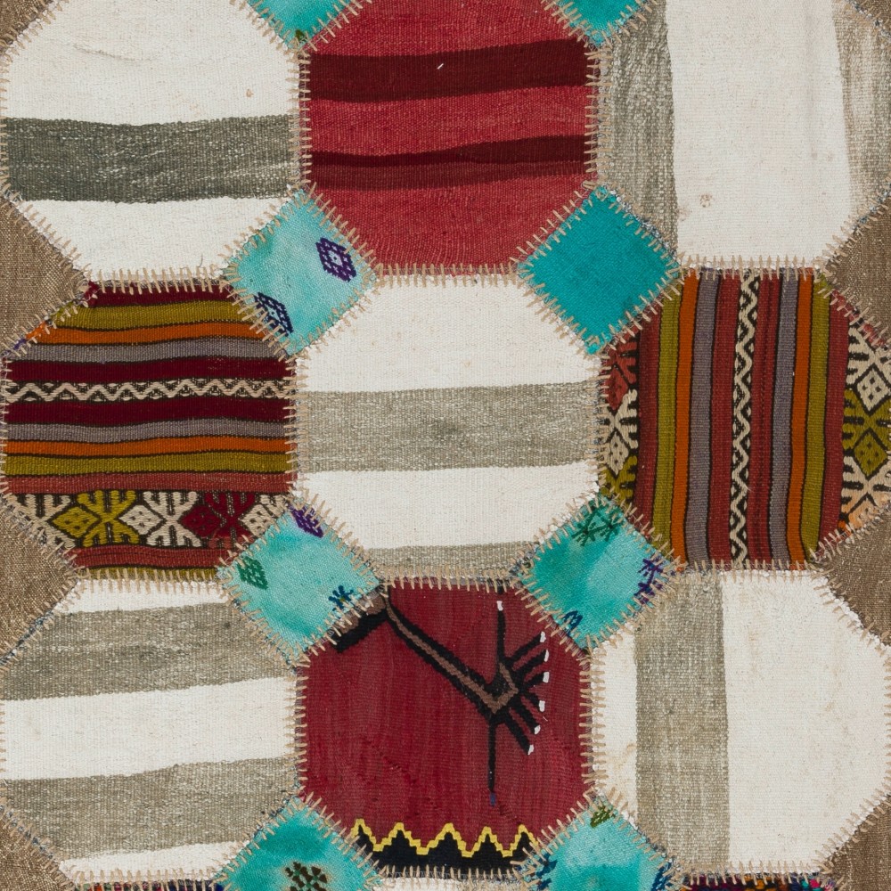 Vintage Anatolian Patchwork Kilim, Handmade Hexagon Design Flatweave Rug