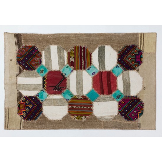 Anatolian Hexagon Design Patchwork Rug Made from Vintage Village Kilim Rugs