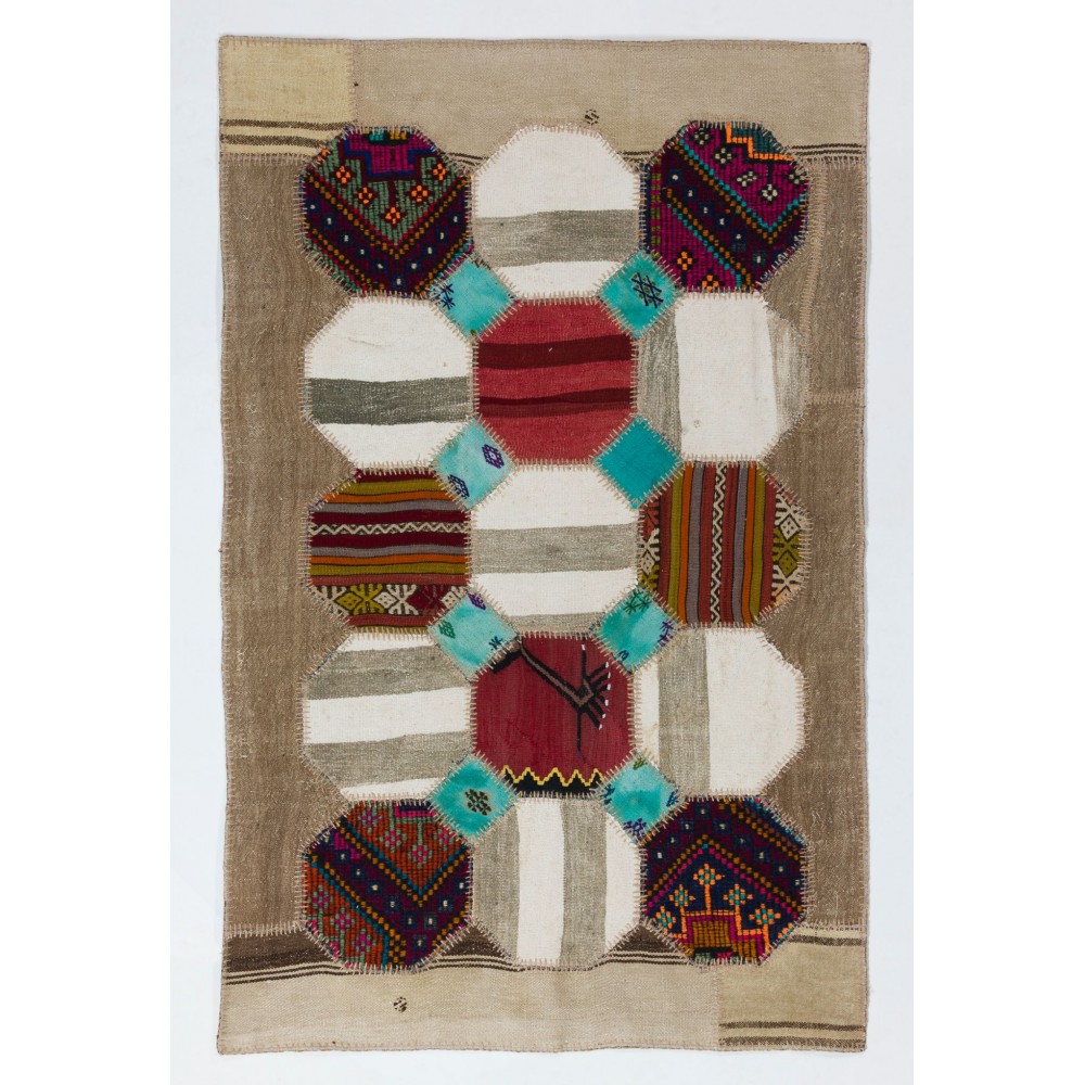 Anatolian Hexagon Design Patchwork Rug Made from Vintage Village Kilim Rugs