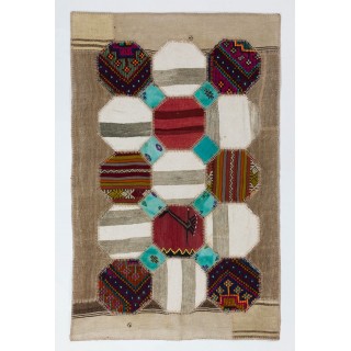 Anatolian Hexagon Design Patchwork Rug Made from Vintage Village Kilim Rugs