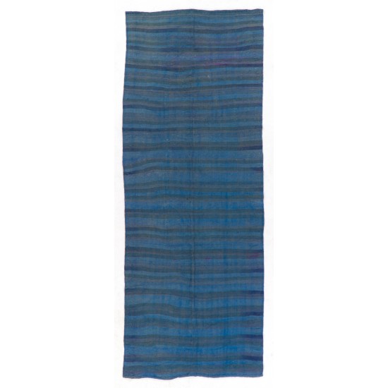 Striped Kilim Runner in Blue, Teal and Gray. All Wool