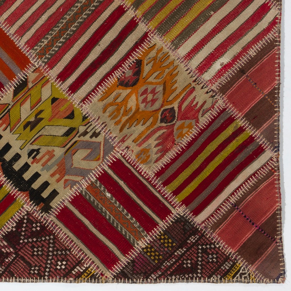 Vintage Turkish Patchwork Kilim, Handmade Colorful Geometric Flatweave Rug Vintage Turkish Patchwork Kilim, Handmade Colorful Geometric Flatweave Rug