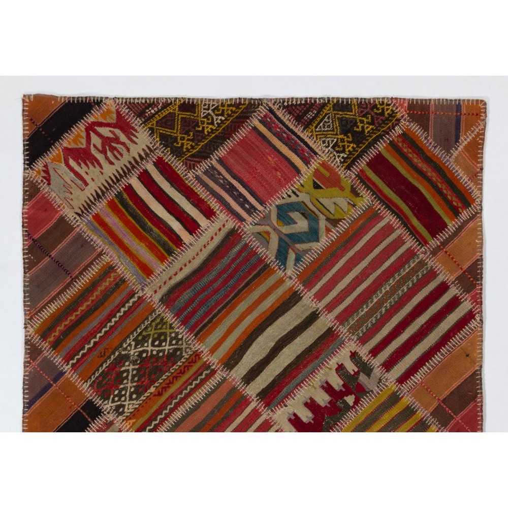 Vintage Handmade Turkish Patchwork Kilim Rug (flat-weave) with Tribal Flair in Very Good Condition
