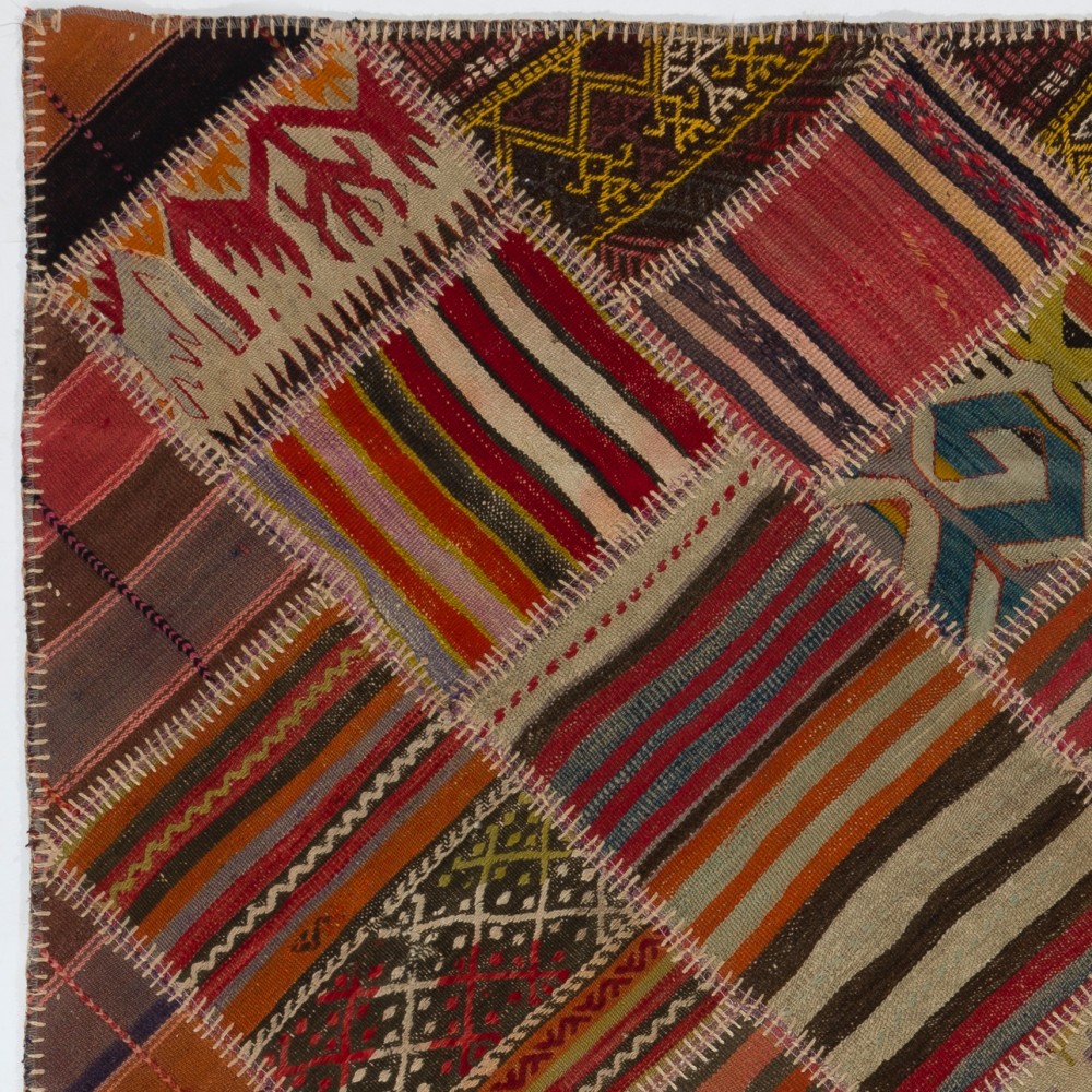 Vintage Turkish Patchwork Kilim, Handmade Colorful Geometric Flatweave Rug Vintage Turkish Patchwork Kilim, Handmade Colorful Geometric Flatweave Rug