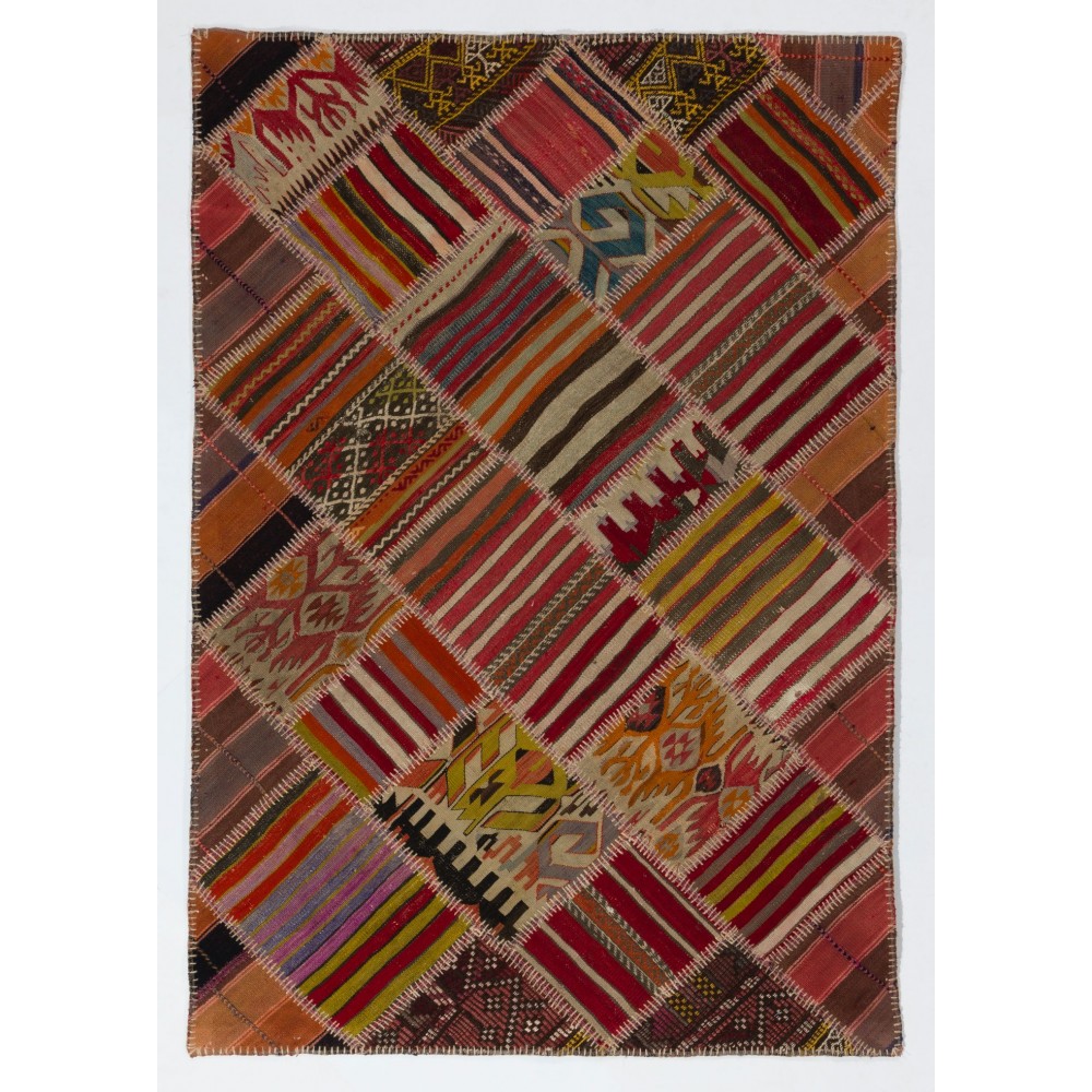 Vintage Handmade Turkish Patchwork Kilim Rug (flat-weave) with Tribal Flair in Very Good Condition