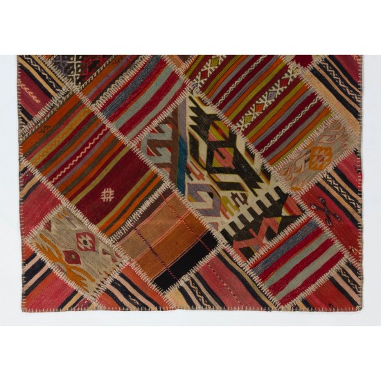 Vintage Handmade Turkish Patchwork Kilim Rug (flat-weave) with Tribal Flair