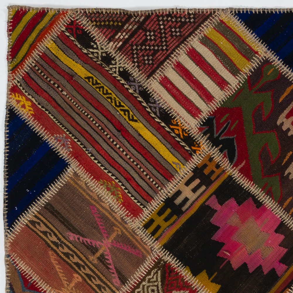 Vintage Turkish Patchwork Kilim, Handmade Colorful Geometric Flatweave Rug