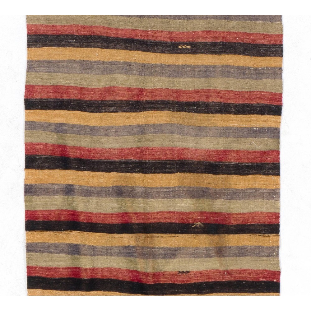 Striped Nomadic Kilim Runner in Yellow, Black, Red, Blue and Gray Stripes