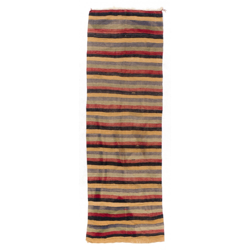 Striped Nomadic Kilim Runner in Yellow, Black, Red, Blue and Gray Stripes
