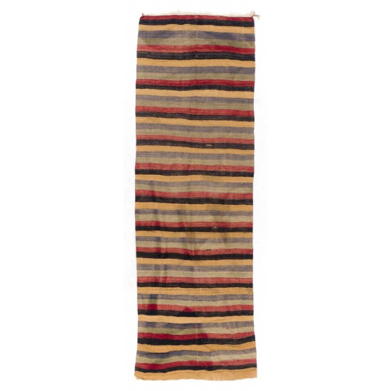 Striped Nomadic Kilim Runner in Yellow, Black, Red, Blue and Gray Stripes