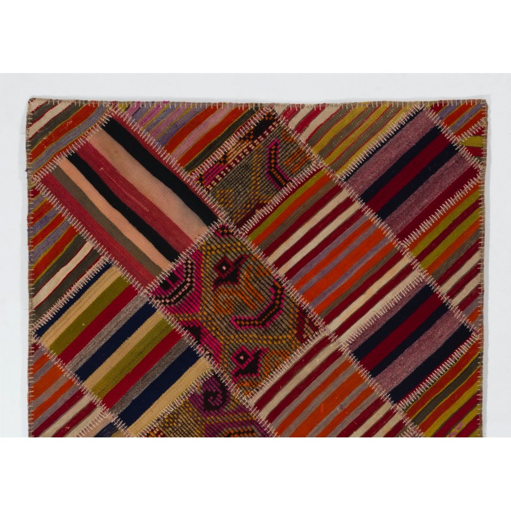 Vintage Handmade Turkish Patchwork Kilim Rug (flat-weave) with Tribal Flair in Very Good Condition