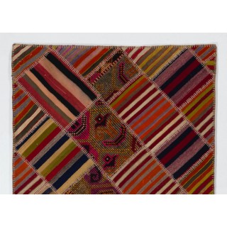 Vintage Handmade Turkish Patchwork Kilim Rug (flat-weave) with Tribal Flair in Very Good Condition