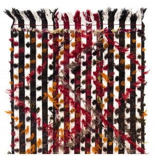 Banded Tribal Kilim Rug with Colorful Poms. Floor Cover, Bed Cover, Wall Hanging Banded Tribal Kilim Rug with Colorful Poms. Floor Cover, Bed Cover, Wall Hanging