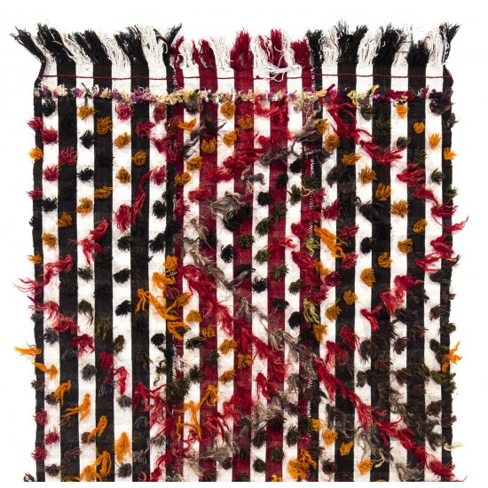 Banded Tribal Kilim Rug with Colorful Poms. Floor Cover, Bed Cover, Wall Hanging Banded Tribal Kilim Rug with Colorful Poms. Floor Cover, Bed Cover, Wall Hanging