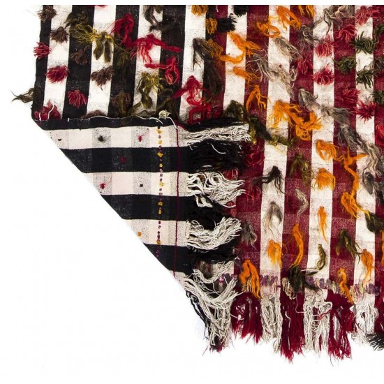 Banded Tribal Kilim Rug with Colorful Poms. Floor Cover, Bed Cover, Wall Hanging Banded Tribal Kilim Rug with Colorful Poms. Floor Cover, Bed Cover, Wall Hanging