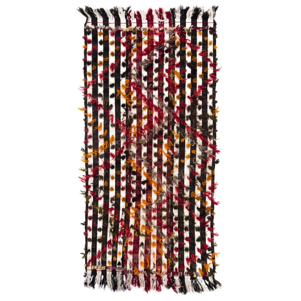 Banded Tribal Kilim Rug with Colorful Poms. Floor Cover, Bed Cover, Wall Hanging