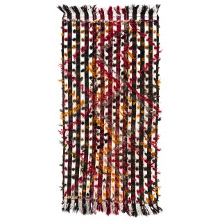 Banded Tribal Kilim Rug with Colorful Poms. Floor Cover, Bed Cover, Wall Hanging