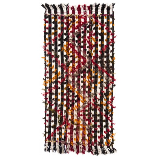 Banded Tribal Kilim Rug with Colorful Poms. Floor Cover, Bed Cover, Wall Hanging