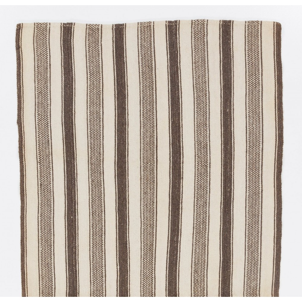 Striped Vintage Turkish Kilim Made of Natural Beige and Brown Wool