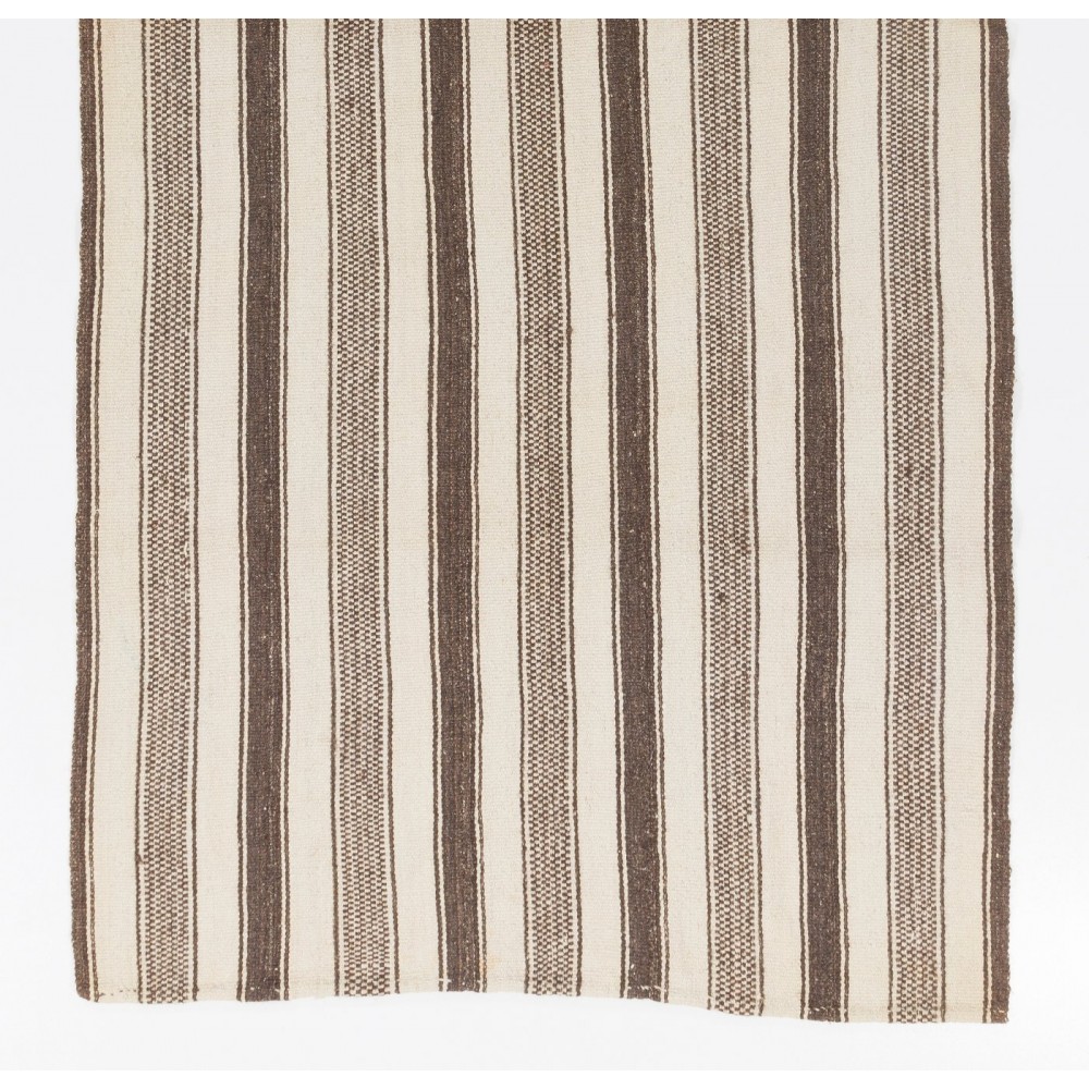 Striped Vintage Turkish Kilim Made of Natural Beige and Brown Wool