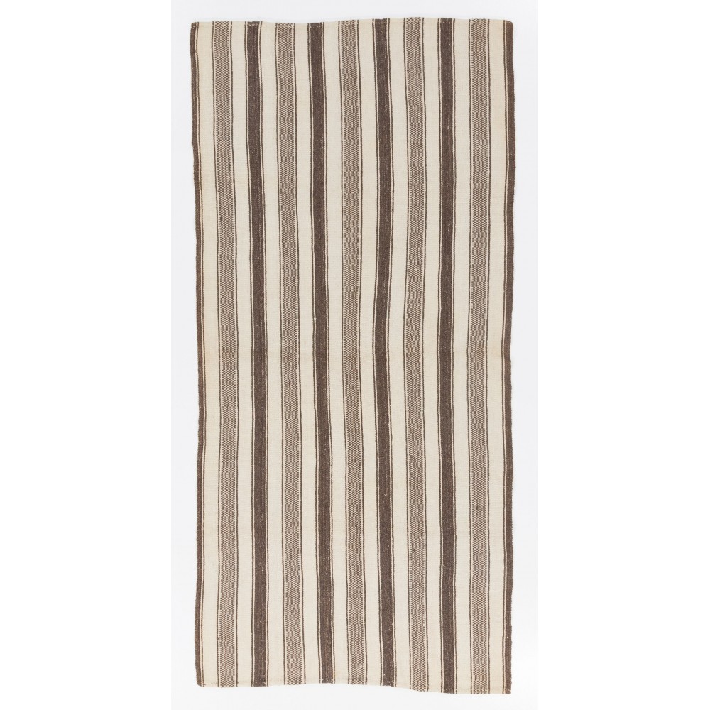 Striped Vintage Turkish Kilim Made of Natural Beige and Brown Wool