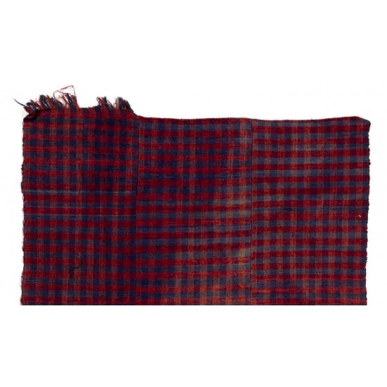 Handmade Central Anatolian Wool Kilim with Chequered Design in Blue and Red Color, Vintage Tablecloth Handmade Central Anatolian Wool Kilim with Chequered Design in Blue and Red Color, Vintage Tablecloth