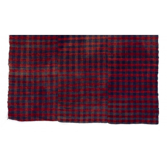 Handmade Central Anatolian Wool Kilim with Chequered Design in Blue and Red Color, Vintage Tablecloth