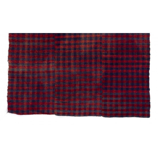Handmade Central Anatolian Wool Kilim with Chequered Design in Blue and Red Color, Vintage Tablecloth Handmade Central Anatolian Wool Kilim with Chequered Design in Blue and Red Color, Vintage Tablecloth