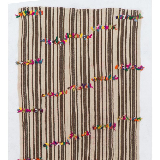 Banded Tribal Vintage Turkish Kilim (Flat-weave) with Wool-Cotton Poms Banded Tribal Vintage Turkish Kilim (Flat-weave) with Wool-Cotton Poms